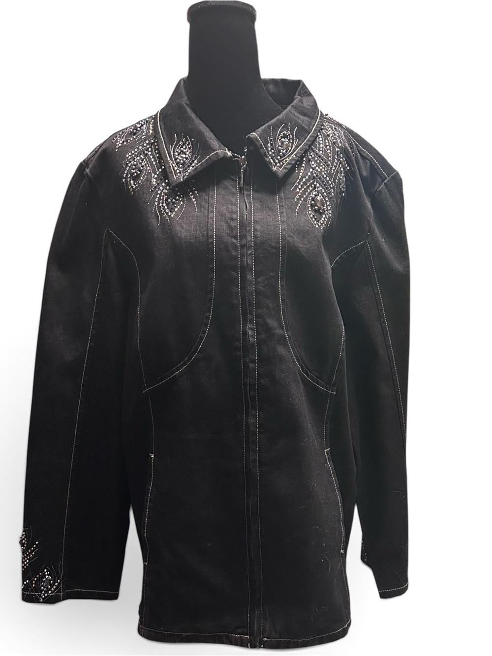 Embellished Black Denim Jacket with Zip Front
